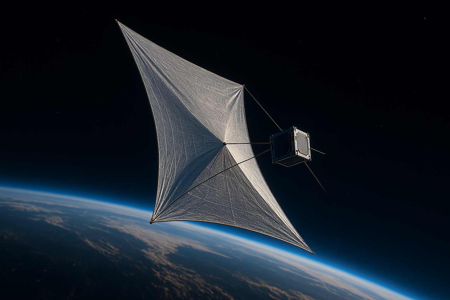 SPECTRIX with 100m² lightsail fully deployed over Earth